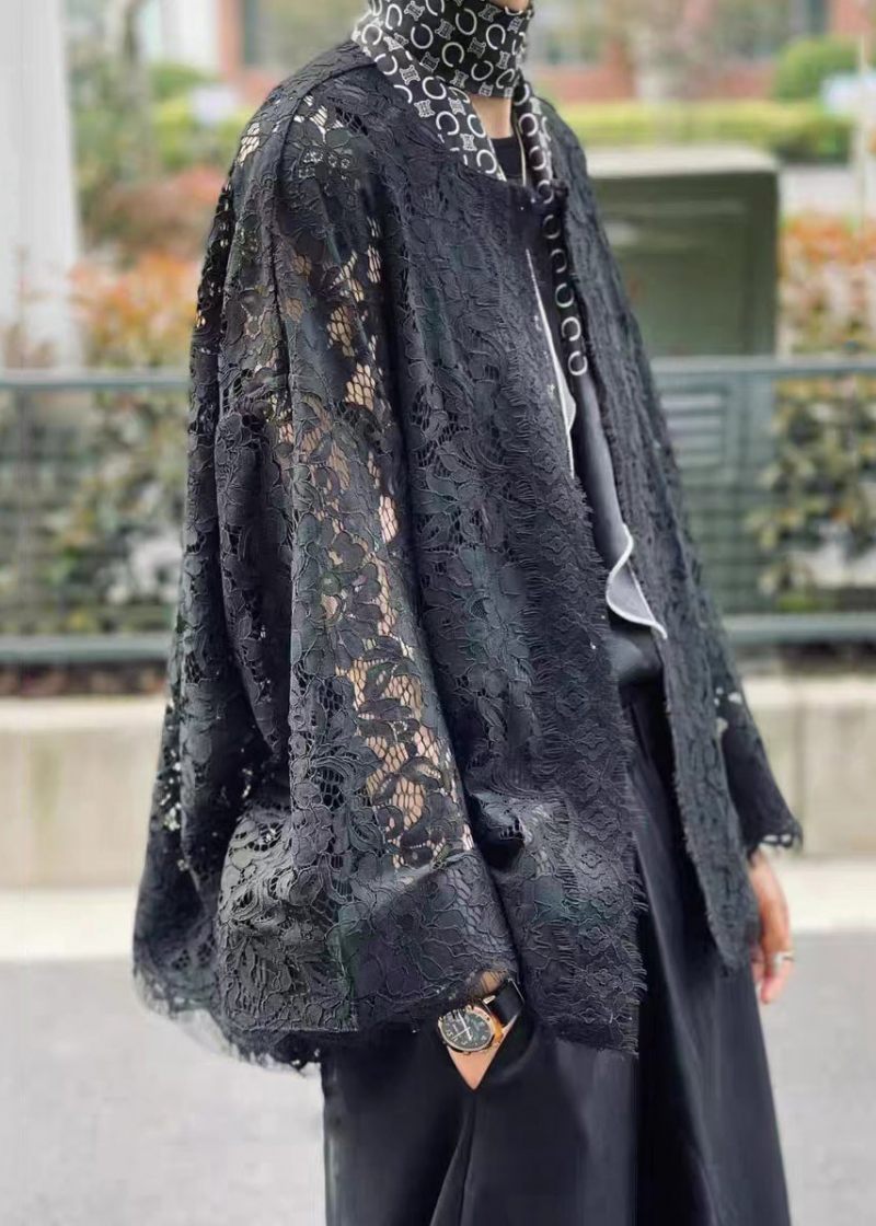 Lös Svart O-hals Hollow Out Patchwork Lace Cardigans Flare Sleeve - Koftor för kvinnor