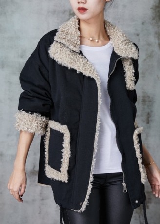 Lös Svart Oversized Patchwork Fleece Ullfodrad Kappa Vinter