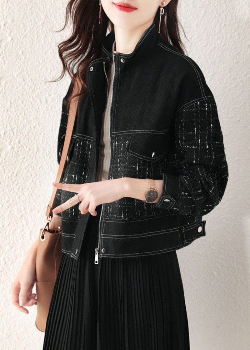 Lös Svart Rutig Zip Up Patchwork Denim Coat Fall