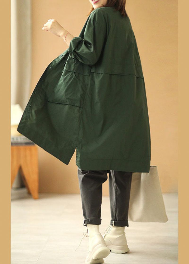 Lös Te Grön Peter Pan Krage Knappfickor Fall Långärmad Trenchcoat - Trenchcoats för kvinnor