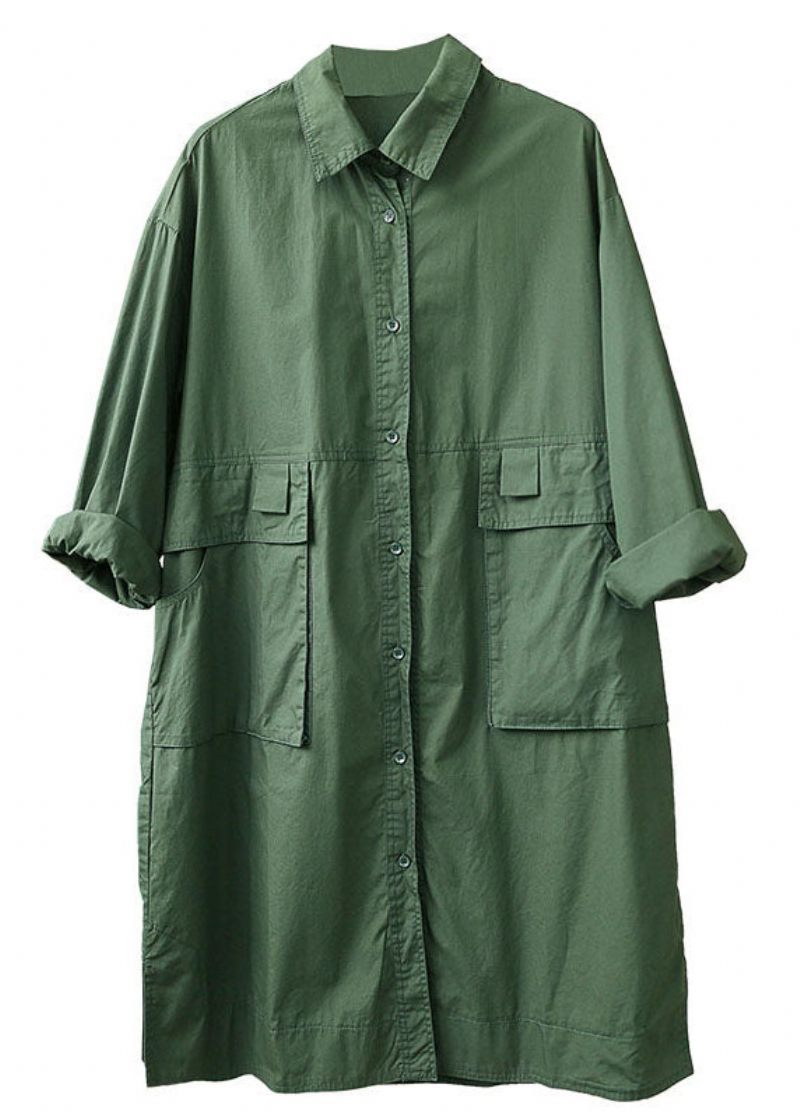 Lös Te Grön Peter Pan Krage Knappfickor Fall Långärmad Trenchcoat - Trenchcoats för kvinnor