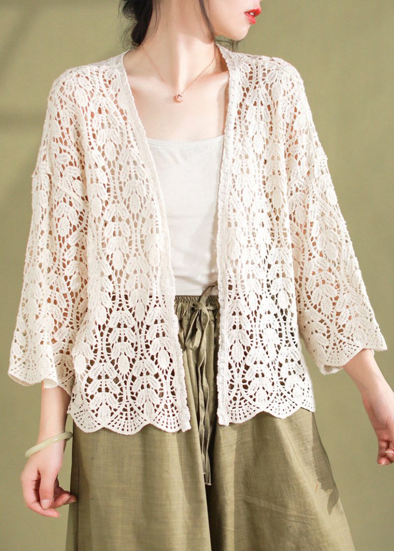 Lös Vit V-hals Hollow Out Stickad Cardigan Summer