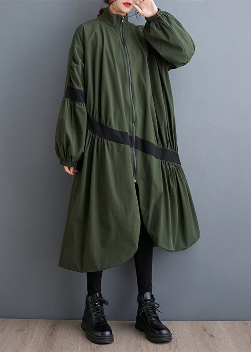 Lösa Armégrön Blixtlås Rynkiga Fickor Patchwork Trench Fall - Trenchcoats för kvinnor