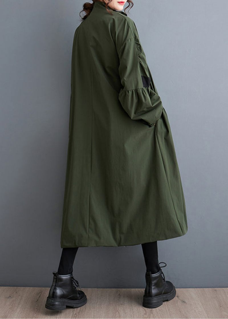 Lösa Armégrön Blixtlås Rynkiga Fickor Patchwork Trench Fall - Trenchcoats för kvinnor