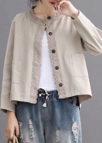 Lösa Beige Retro Denimfickor Casual Coats Hösten