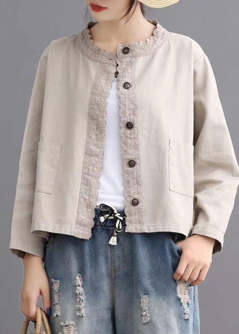 Lösa Beige Retro Denimfickor Casual Coats Hösten - Svart