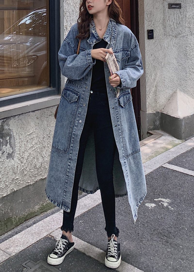 Lösa Blå Knappfickor Patchwork Denim Långa Trenchcoats Höst