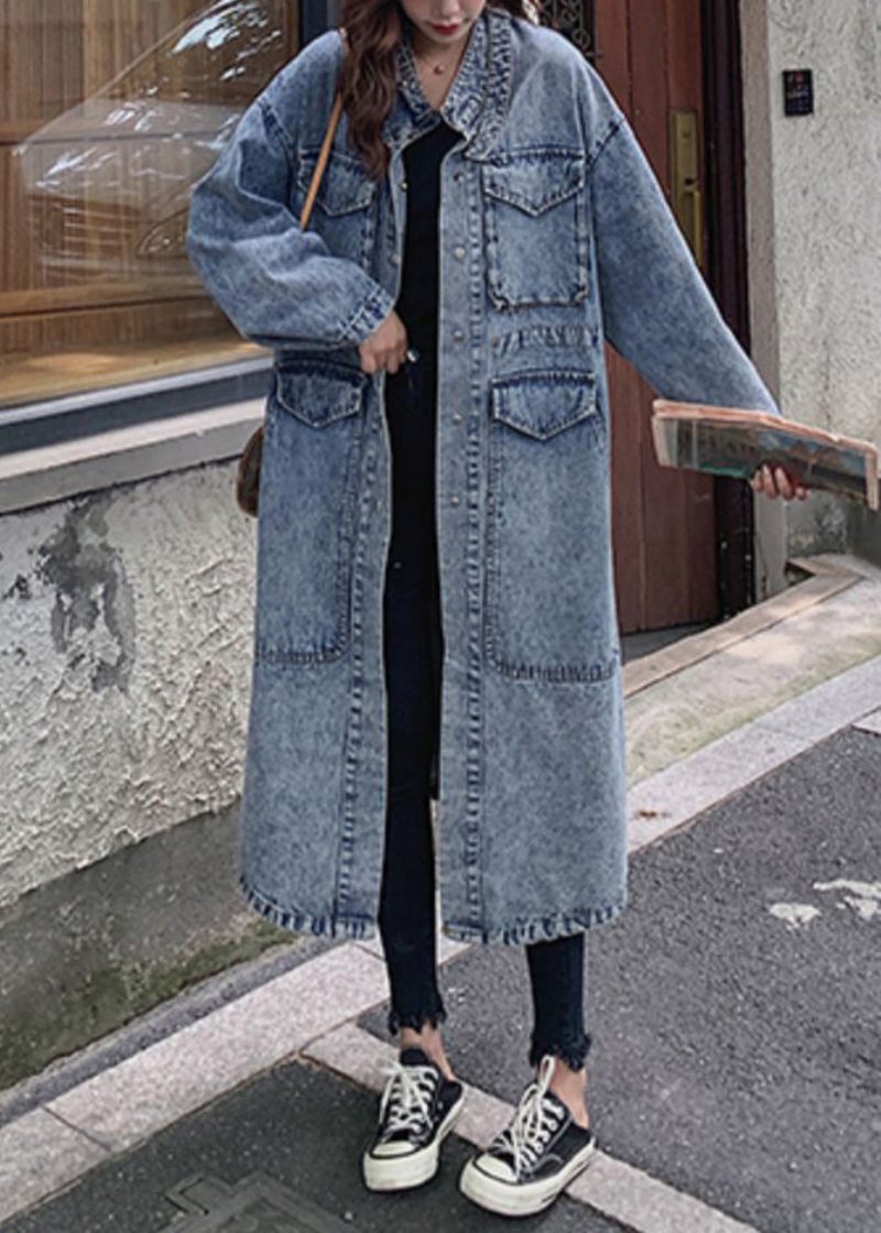 Lösa Blå Knappfickor Patchwork Denim Långa Trenchcoats Höst - Trenchcoats för kvinnor