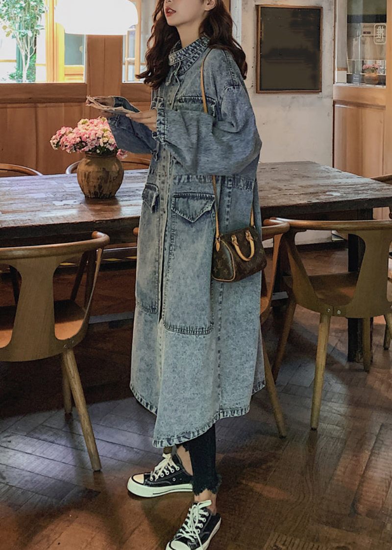 Lösa Blå Knappfickor Patchwork Denim Långa Trenchcoats Höst - Trenchcoats för kvinnor