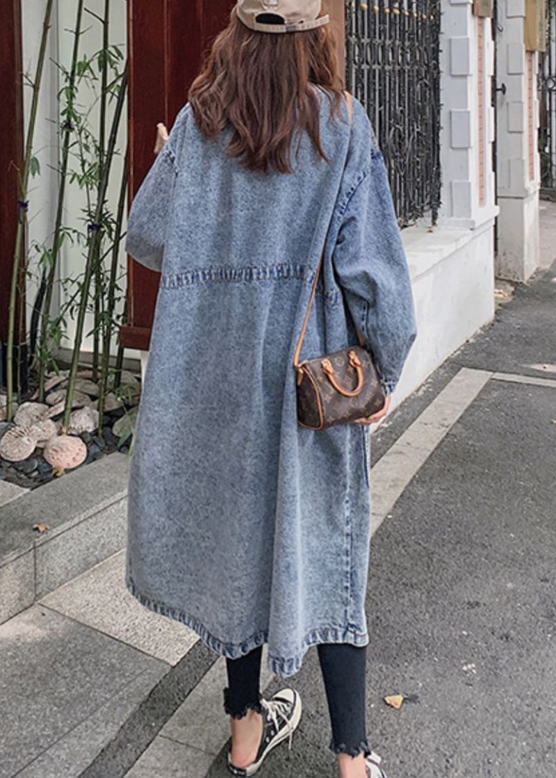 Lösa Blå Knappfickor Patchwork Denim Långa Trenchcoats Höst - Trenchcoats för kvinnor