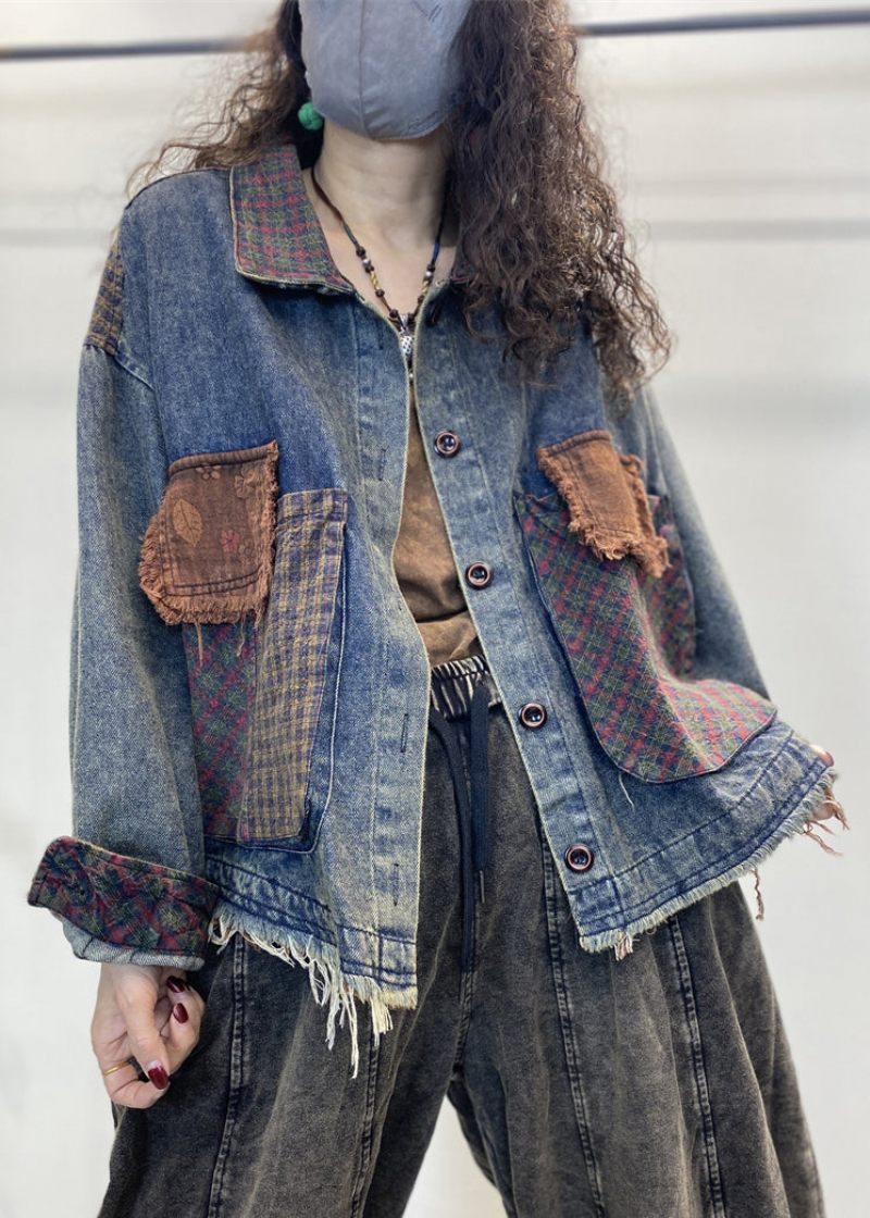 Lösa Blå Knappfickor Patchwork Denimrockar Höst