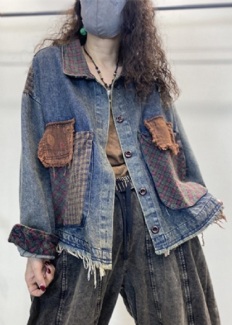 Lösa Blå Knappfickor Patchwork Denimrockar Höst