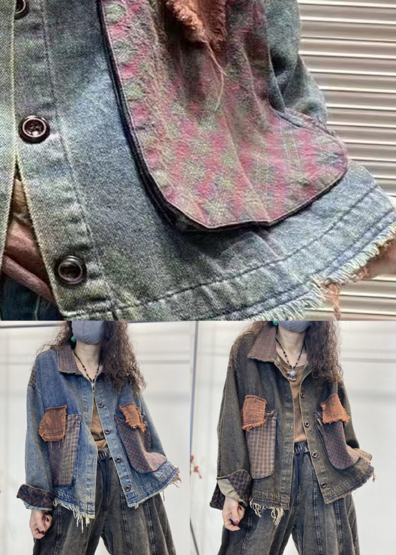 Lösa Blå Knappfickor Patchwork Denimrockar Höst - Vinterkappor för kvinnor