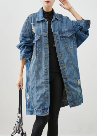 Lösa Denim Blå Oversized Fickor Bomull Ripped Coats Fall