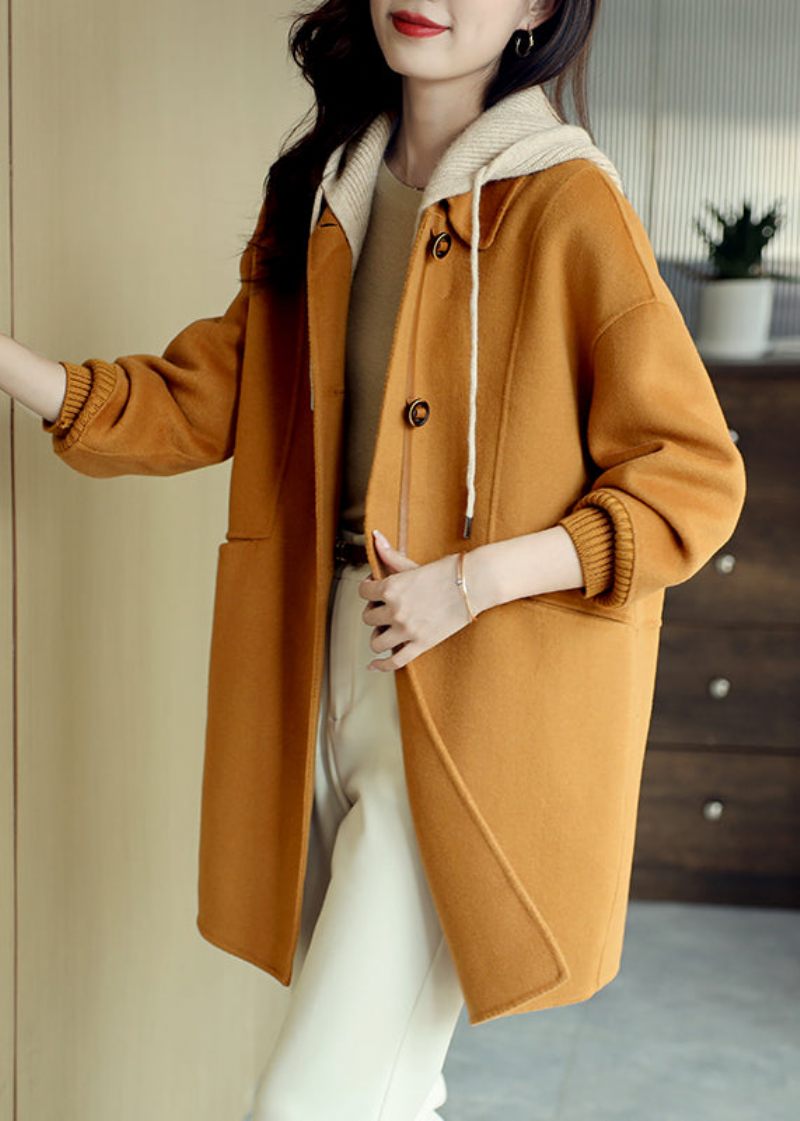 Lösa Orange Hooded Button Fickor Patchwork Woolen Coat Fall