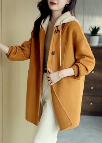 Lösa Orange Hooded Button Fickor Patchwork Woolen Coat Fall