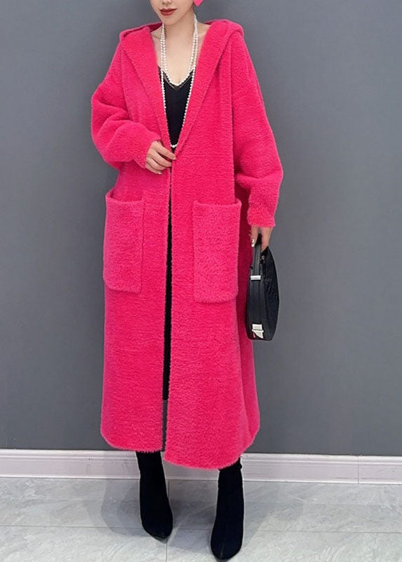 Lösa Rose Fickor Stickad Bomullstråd Lång Hooded Coat Fall