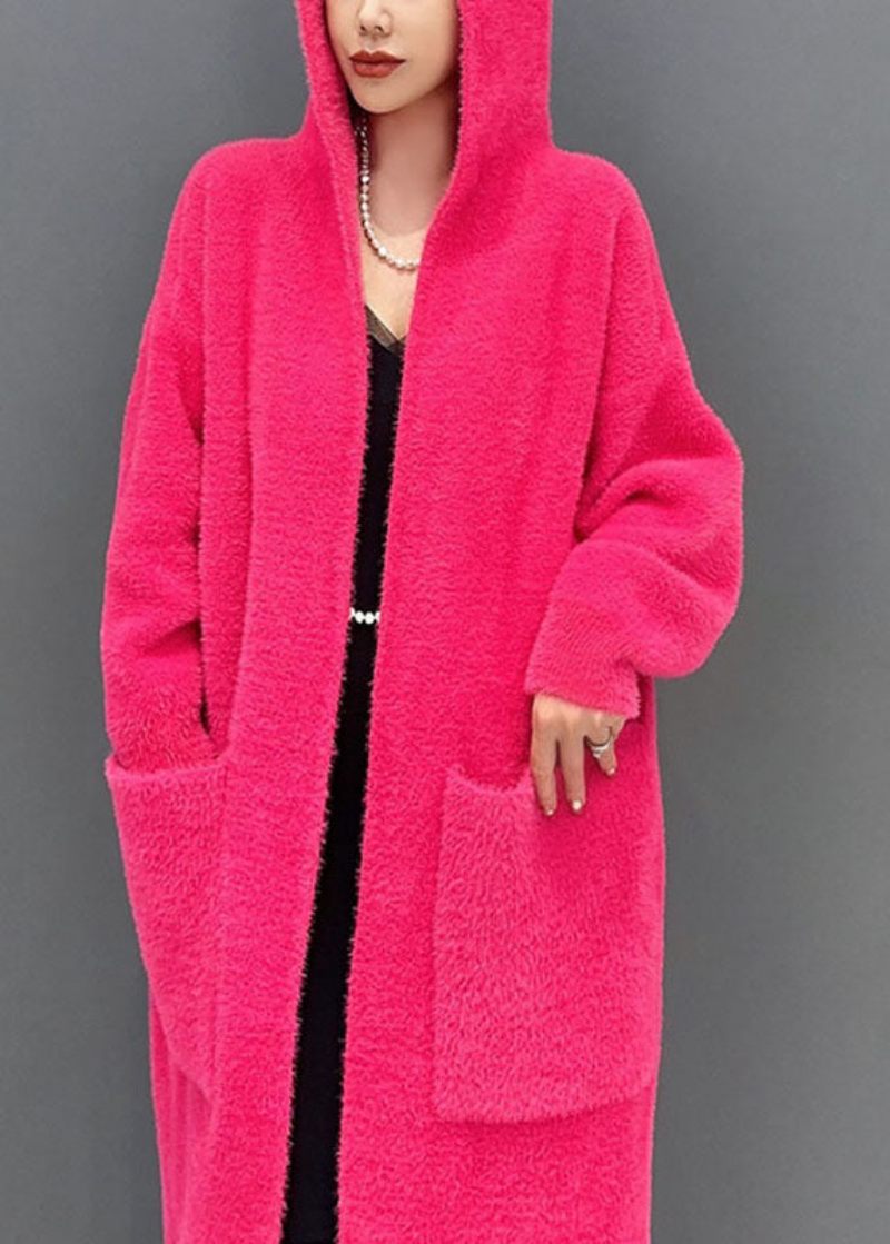 Lösa Rose Fickor Stickad Bomullstråd Lång Hooded Coat Fall - Rose