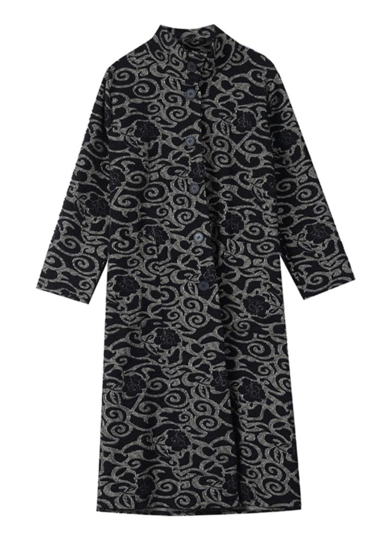 Lösa Svarta Fickor Jacquard Cotton Trench Spring - Trenchcoats för kvinnor