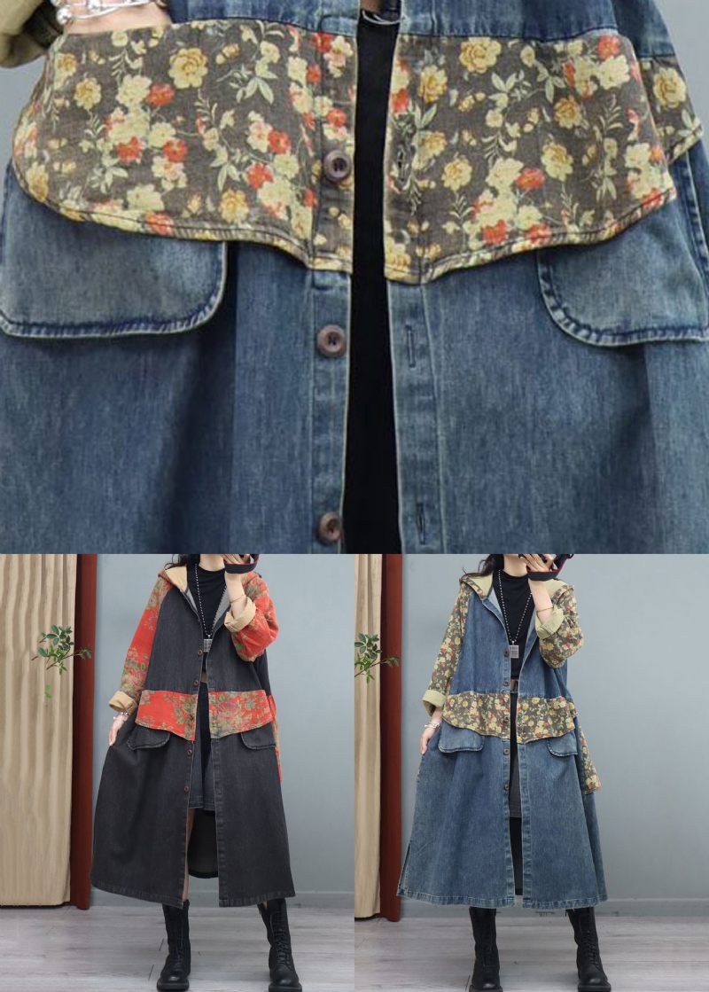 Lösa Svarta Huvfickor Patchwork Denim Långa Kappor Höst - Vinterkappor för kvinnor