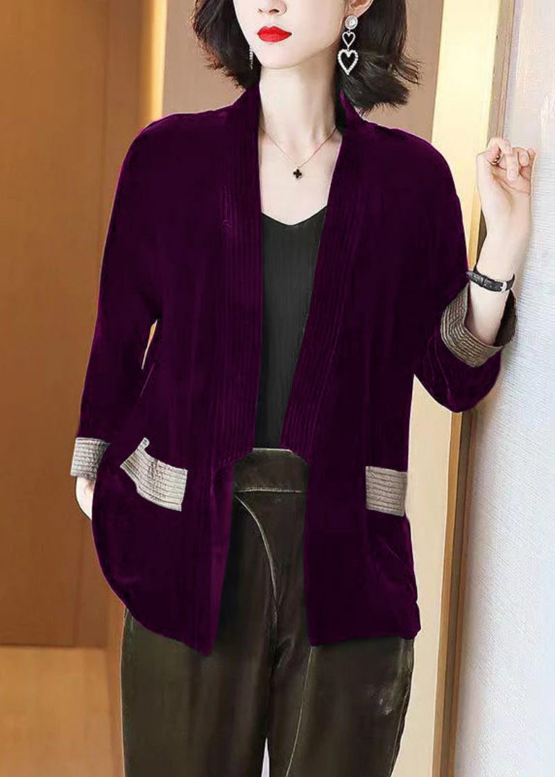 Lösa Svarta V-ringade Fickor Patchwork Silk Velour Cardigans Armband Ärm - Koftor för kvinnor