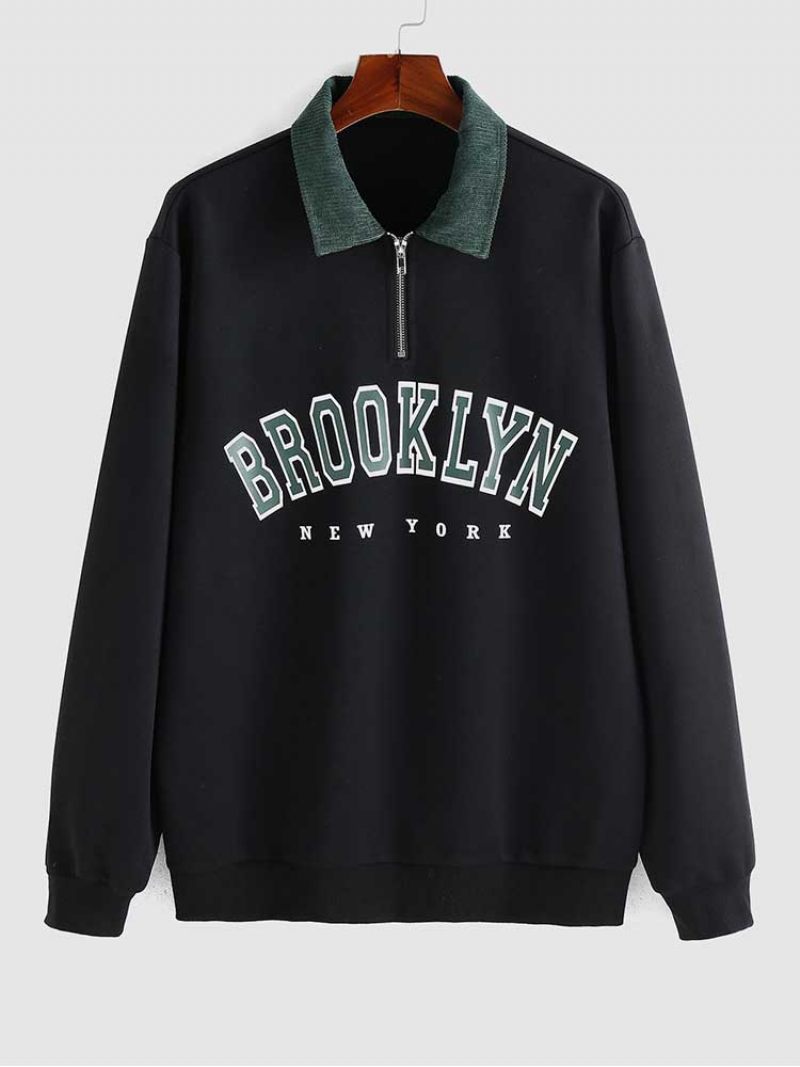 Luvtröjor För Män Bokstavstryck Manchestertröja Med Halv Dragkedja Casual Turn-down Krage Pullover Höst Vinter Sweats Luvtröja - Svart