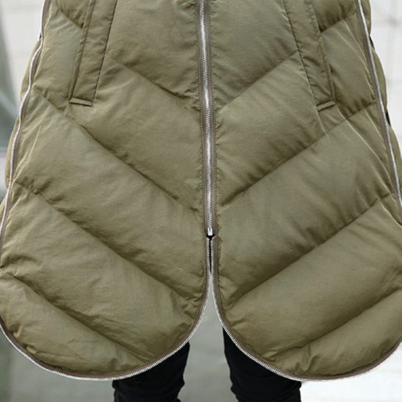 Lyxig Armégrön Parka Casual Huva Dun Över Kappa Kvinnor Ärmlös Trenchcoat - Dunjackor för kvinnor