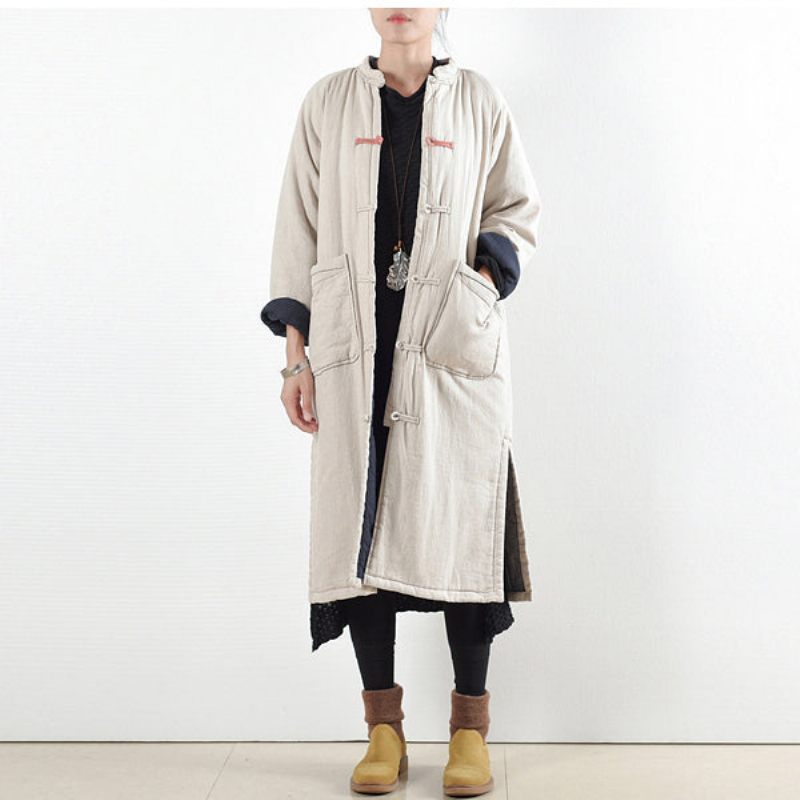 Lyxig Beige Vit Casual Kappa Löst Sittande Bomullsrock Elegant Sidoöppen Trenchcoat Kinesisk Knapp