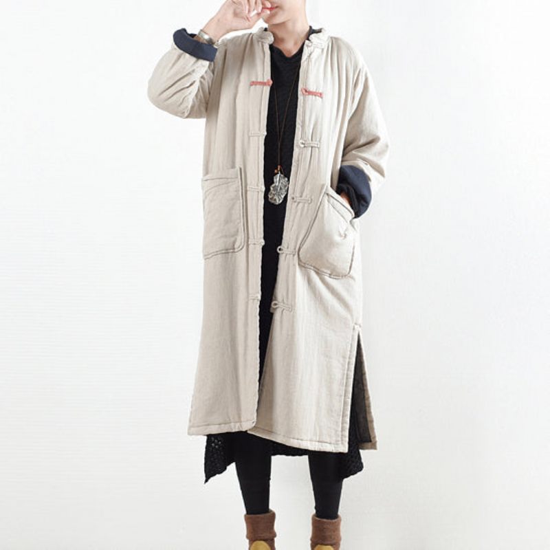 Lyxig Beige Vit Casual Kappa Löst Sittande Bomullsrock Elegant Sidoöppen Trenchcoat Kinesisk Knapp - Röd