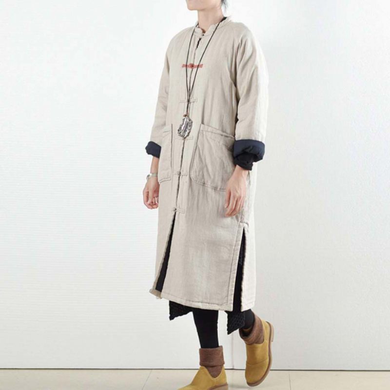 Lyxig Beige Vit Casual Kappa Löst Sittande Bomullsrock Elegant Sidoöppen Trenchcoat Kinesisk Knapp - Röd