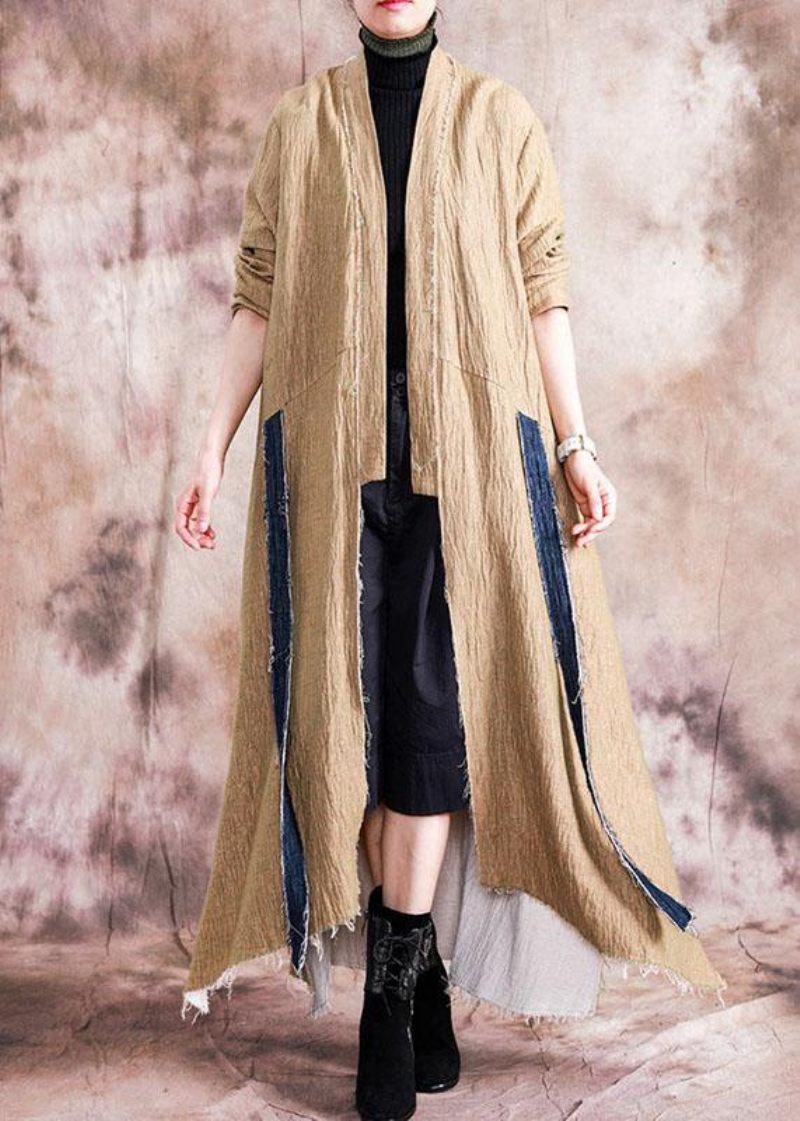 Lyxig Khaki Asymmetrisk Överrock Oversized Lång Vinterkappa Höstrock Patchwork