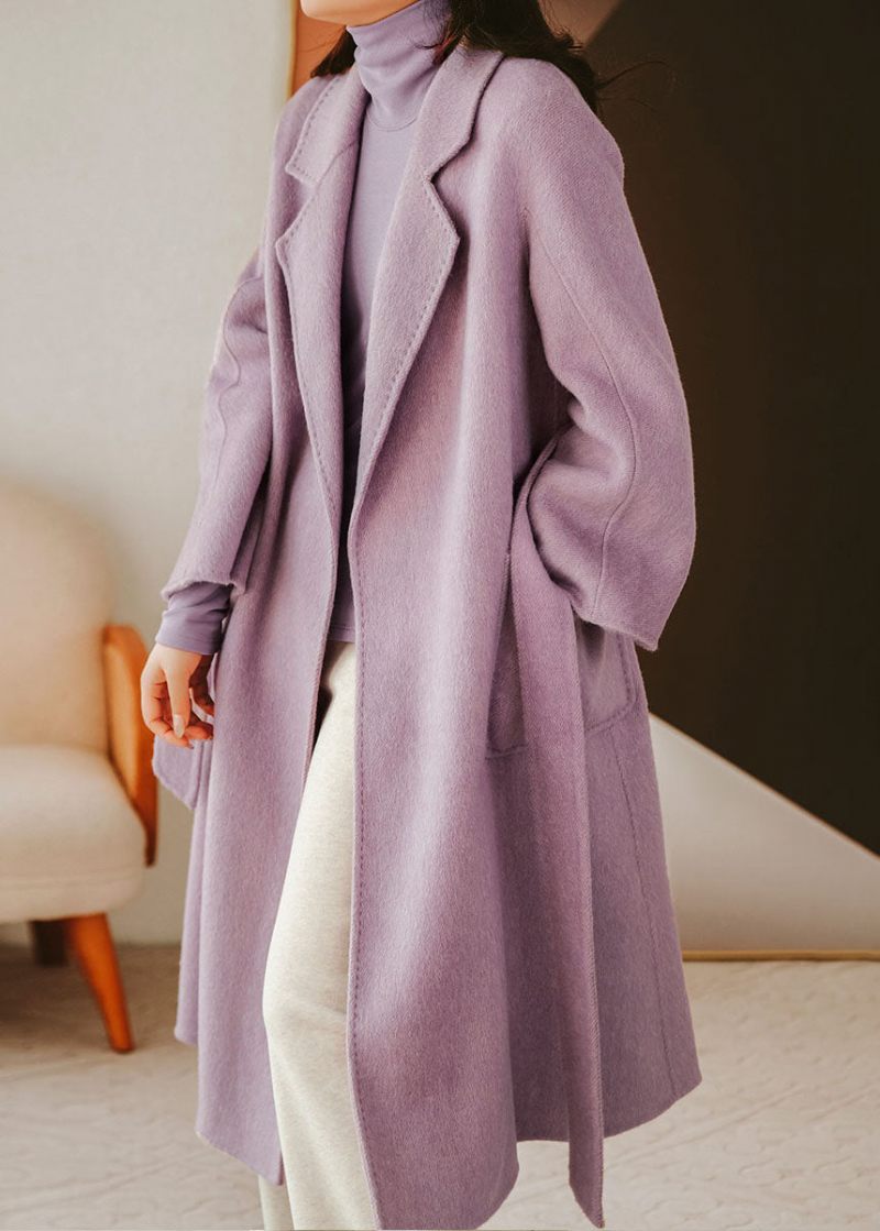 Lyxig Lavendel Silk Wool Blended Trench Overcoat Woolen Coat Vinter