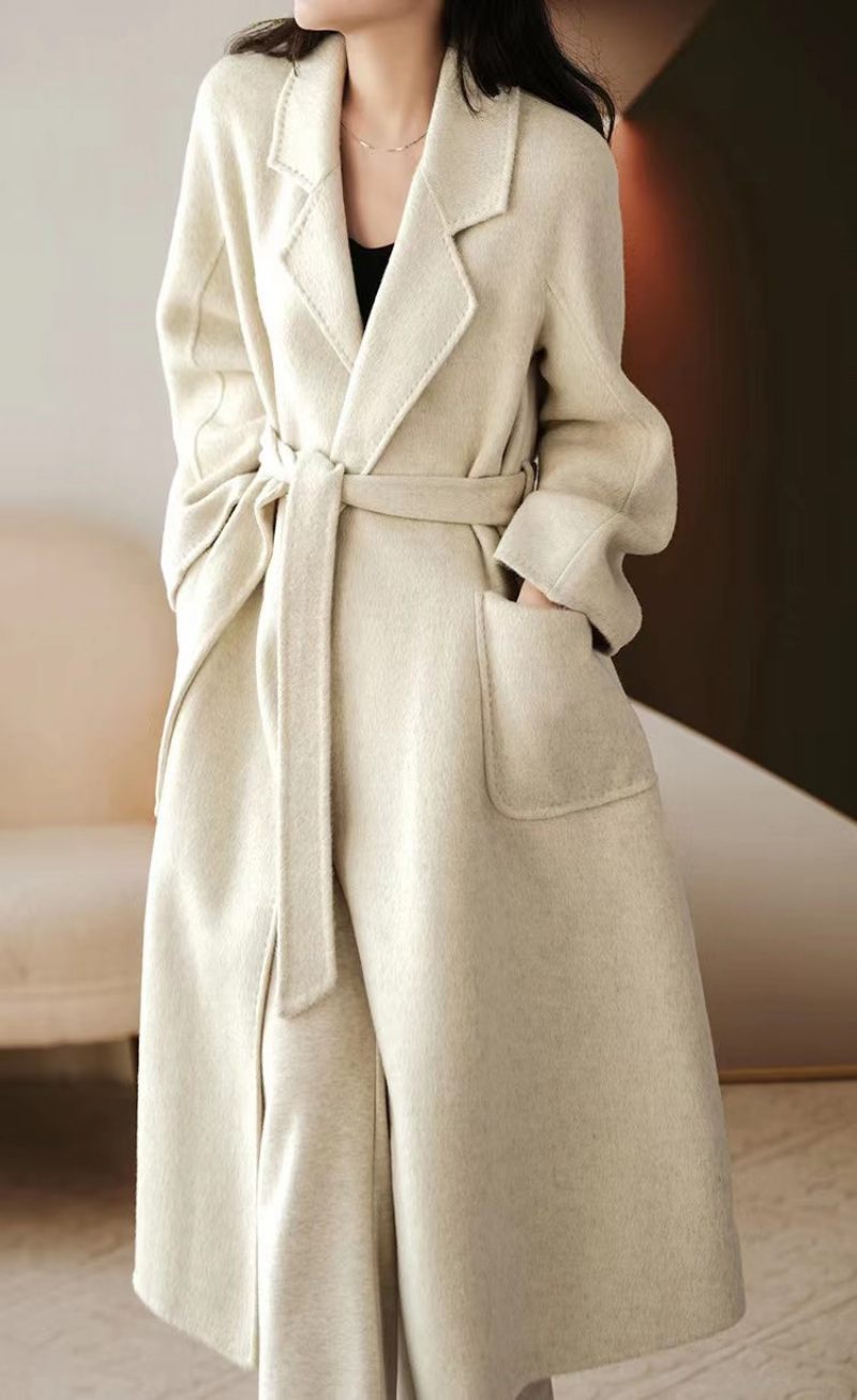 Lyxig Lavendel Silk Wool Blended Trench Overcoat Woolen Coat Vinter - Lavendel