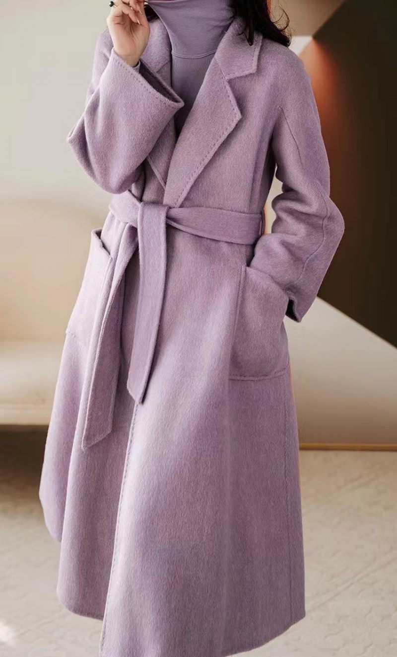 Lyxig Lavendel Silk Wool Blended Trench Overcoat Woolen Coat Vinter - Lavendel