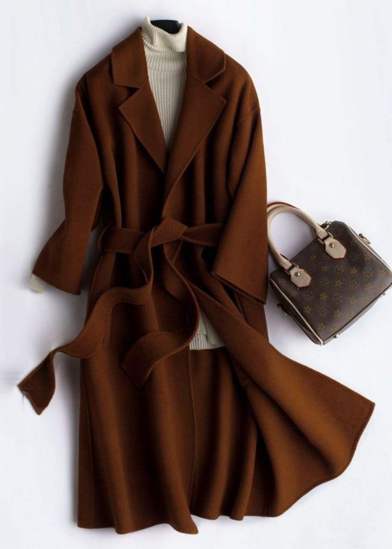 Lyxig Oversize Trench Coat Brun Naggad Tie Midja Yllerock Kvinnor