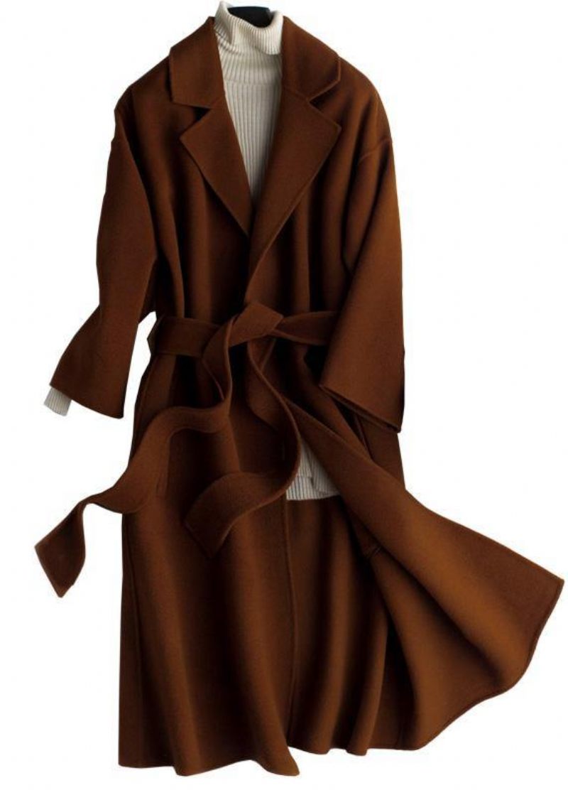 Lyxig Oversize Trench Coat Brun Naggad Tie Midja Yllerock Kvinnor - Trenchcoats för kvinnor