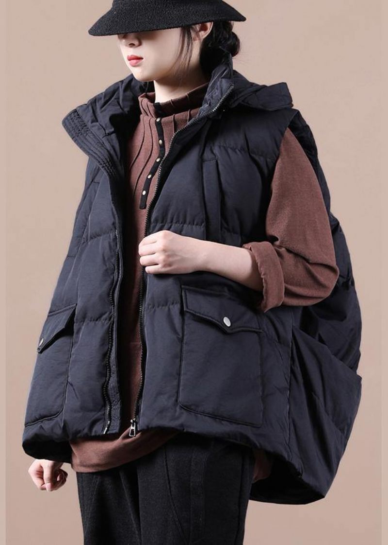 Lyxig Svart Dunjacka Kvinna Oversize Parkas Stativ Krage Fickor Casual Vest