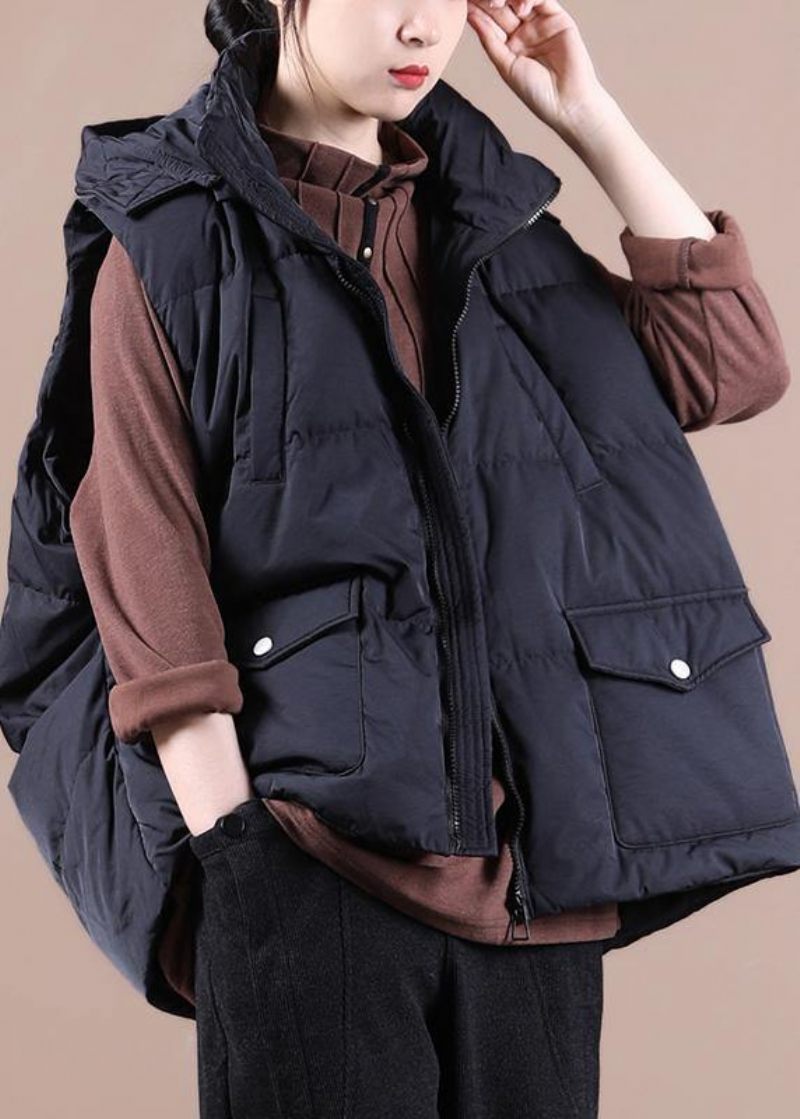 Lyxig Svart Dunjacka Kvinna Oversize Parkas Stativ Krage Fickor Casual Vest - Svart