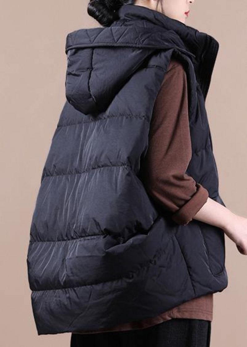 Lyxig Svart Dunjacka Kvinna Oversize Parkas Stativ Krage Fickor Casual Vest - Svart