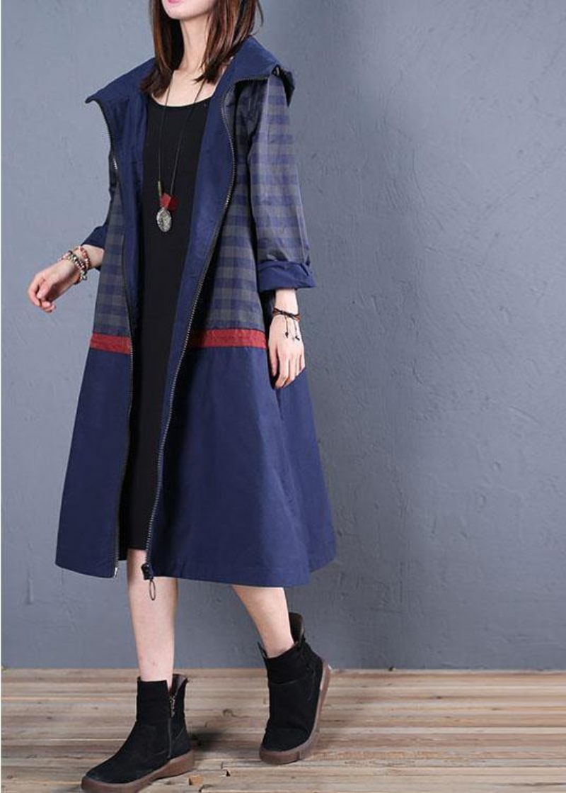 Lyxig Trendig Plus Size Maxi Kappa Höstblå Luva Patchwork - Trenchcoats för kvinnor