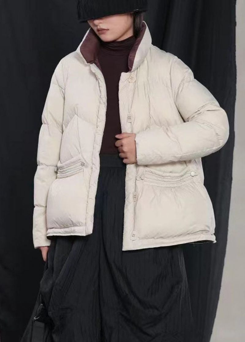 Lyxiga Beige Fickor Knapp Cinched Vinter Duck Down Coat