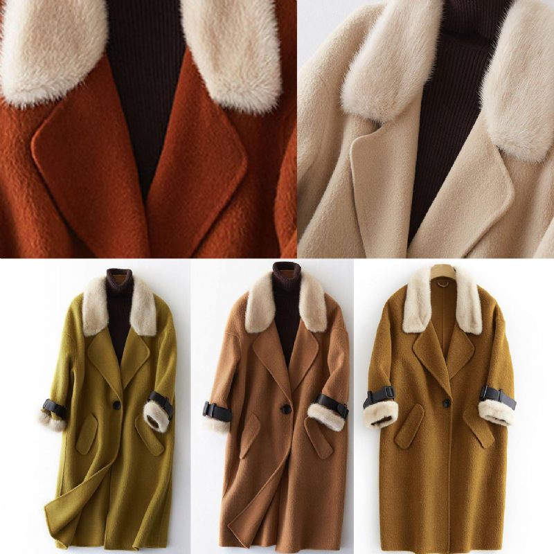 Lyxiga Plus Size-kläder Vinterjackor Pälskrage Ytterkläder Khaki Stora Fickor Ulljackor - Trenchcoats för kvinnor