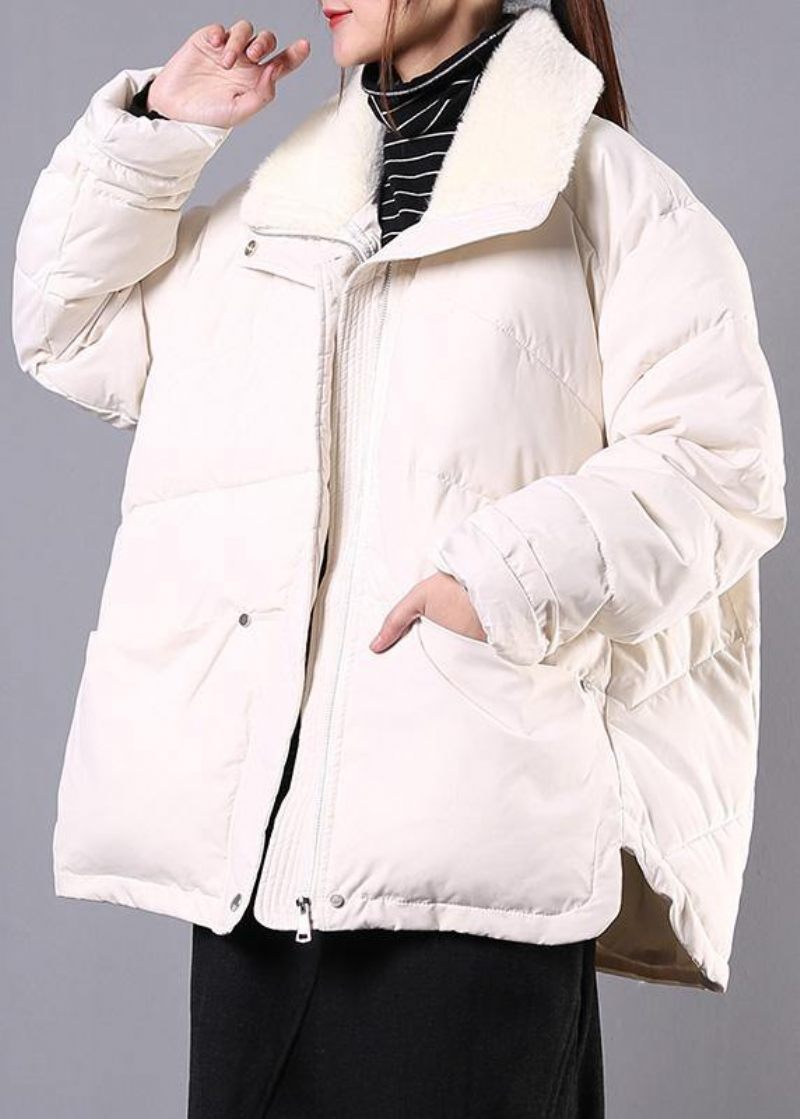 Lyxiga Plus Size Lapel Vinter Ytterkläder Beige Fickor Dragkedja Dam Parkas