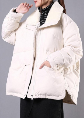 Lyxiga Plus Size Lapel Vinter Ytterkläder Beige Fickor Dragkedja Dam Parkas