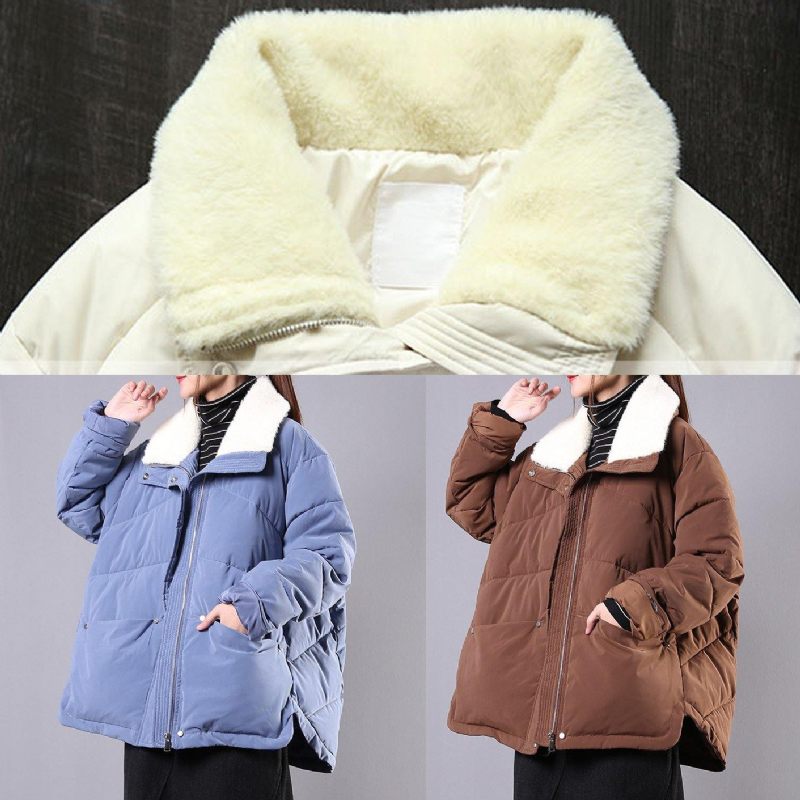 Lyxiga Plus Size Lapel Vinter Ytterkläder Beige Fickor Dragkedja Dam Parkas - Blå