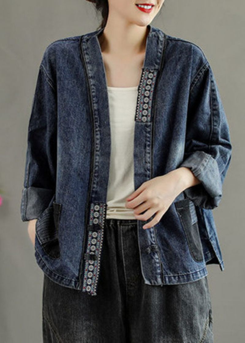 Lyxiga Svarta Broderade Fickor Knapp Patchwork Höst Denim Coat