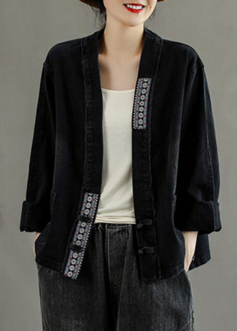 Lyxiga Svarta Broderade Fickor Knapp Patchwork Höst Denim Coat - Svart