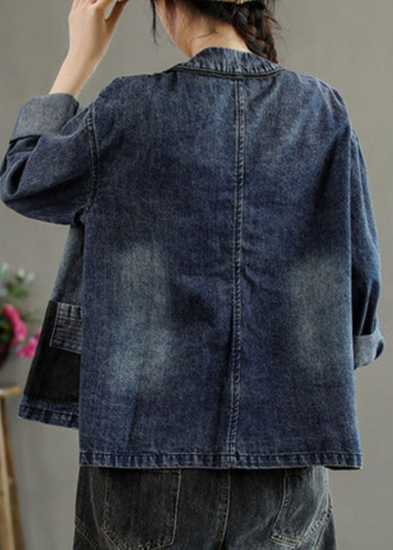 Lyxiga Svarta Broderade Fickor Knapp Patchwork Höst Denim Coat - Svart