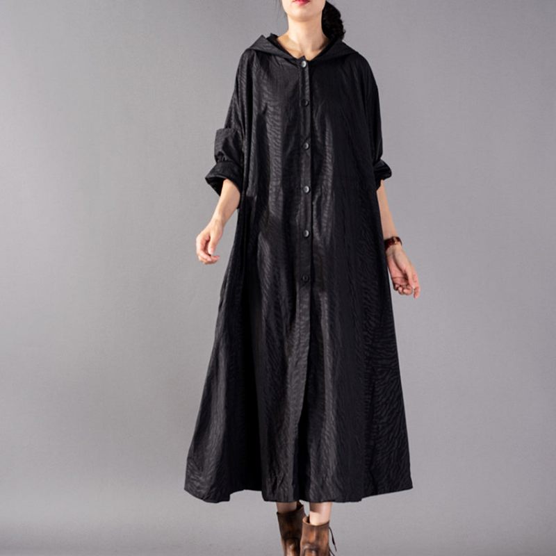 Lyxiga Svarta Kappor Oversize Fashion Trenchcoat Med Luva Fin Baggy Vinterkappa