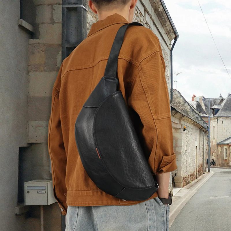 Män Äkta Läderväska Crossbody-väska För Manliga Resor Sling Chest Packs Messenger Bags - Svart